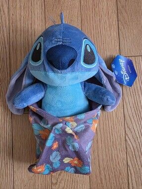Disney Baby Stitch Plush with Purple Floral Hibiscus Swaddle Blanket